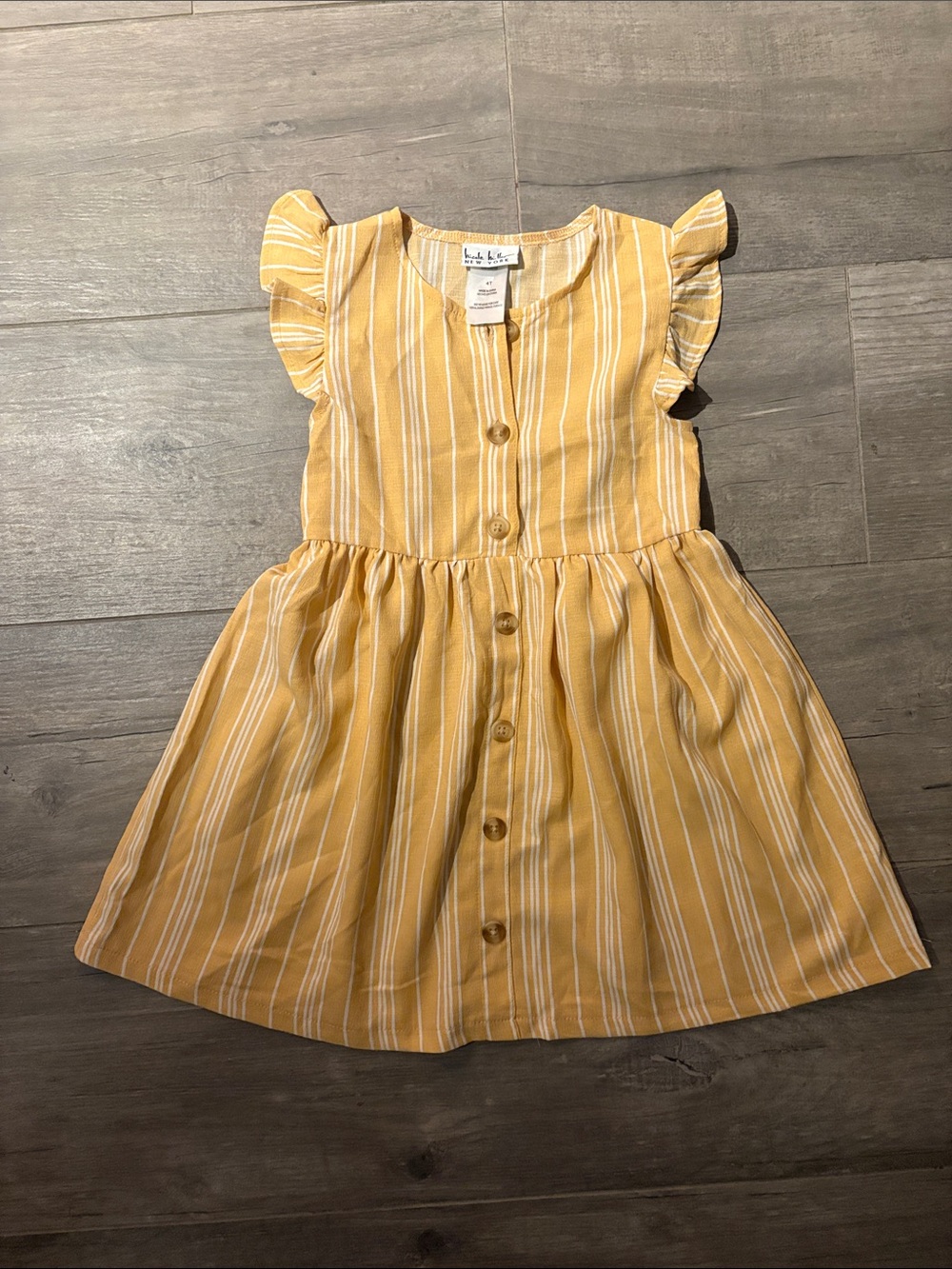 Yellow Striped Button-Front Kids Dress with Flutter Sleeves